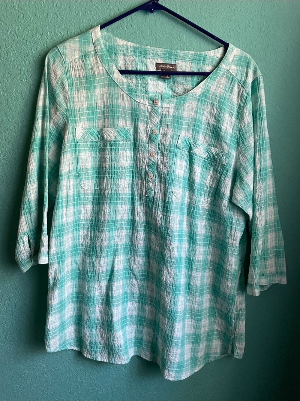 Eddie Bauer Mint Green and White Plaid Lightweight Button-Front Top